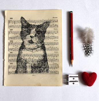 Cat Gocco Print On Vintage Sheet Music, 2 of 7