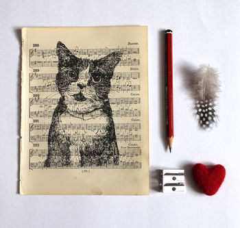 Cat Gocco Print On Vintage Sheet Music, 3 of 7