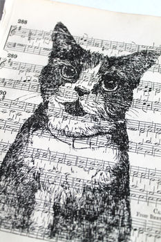Cat Gocco Print On Vintage Sheet Music, 4 of 7