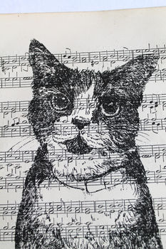 Cat Gocco Print On Vintage Sheet Music, 5 of 7