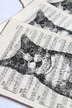Cat Gocco Print On Vintage Sheet Music, 6 of 7