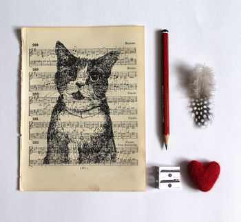 Cat Gocco Print On Vintage Sheet Music, 7 of 7