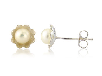 White Pearl And Silver Flower Stud Earrings, 4 of 4