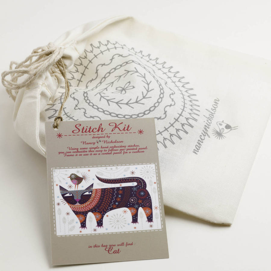 cat embroidery kit by nancy nicholson