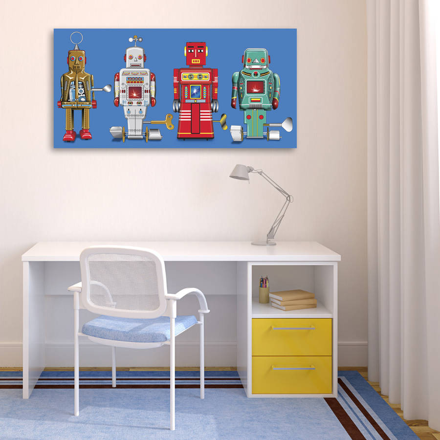 four robots pop art canvas print by glyn west design ...