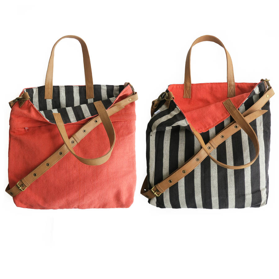 Reversible Stripe Shopper Bag With Leather Handles By Aura Que ...