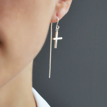 Sterling Silver Cross Threader Earrings, 5 of 8