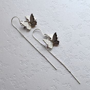 Sterling Silver Butterfly On Threader Chain Earrings, 4 of 5