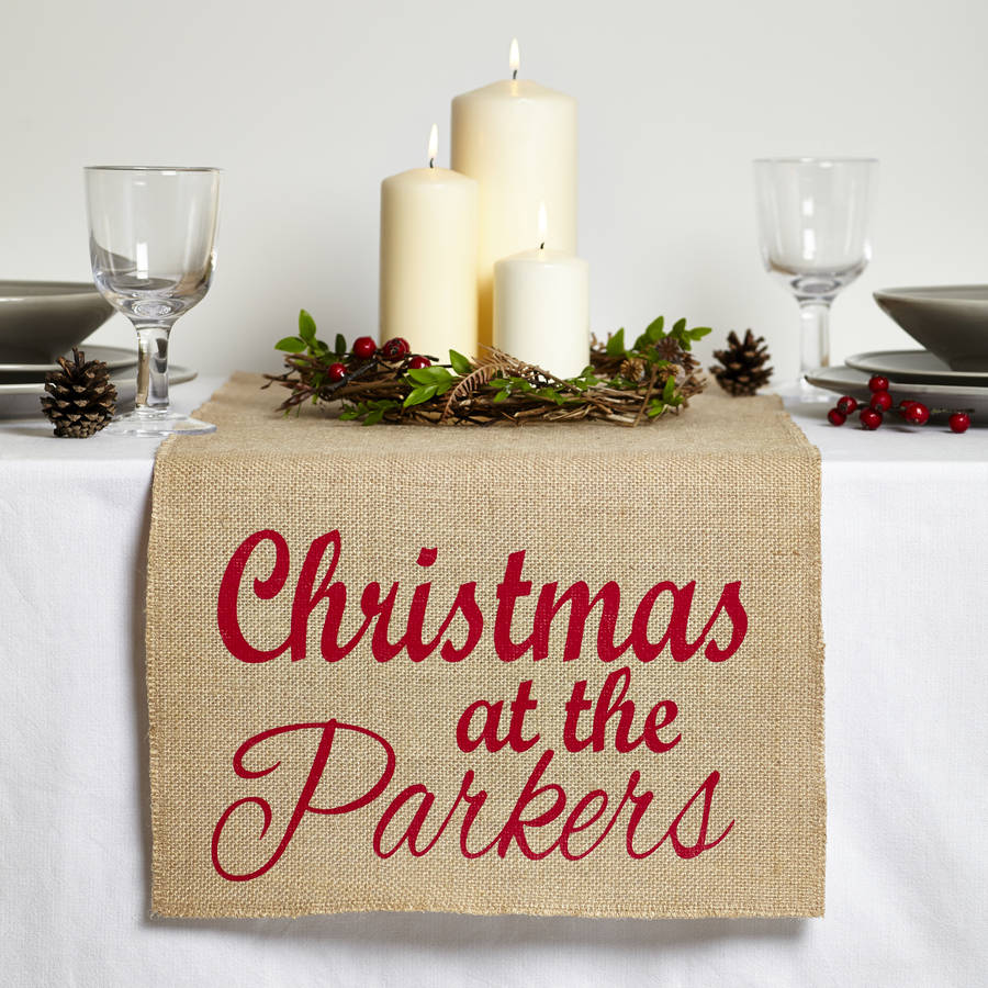 personalised 'christmas with' jute table runner by tillyanna