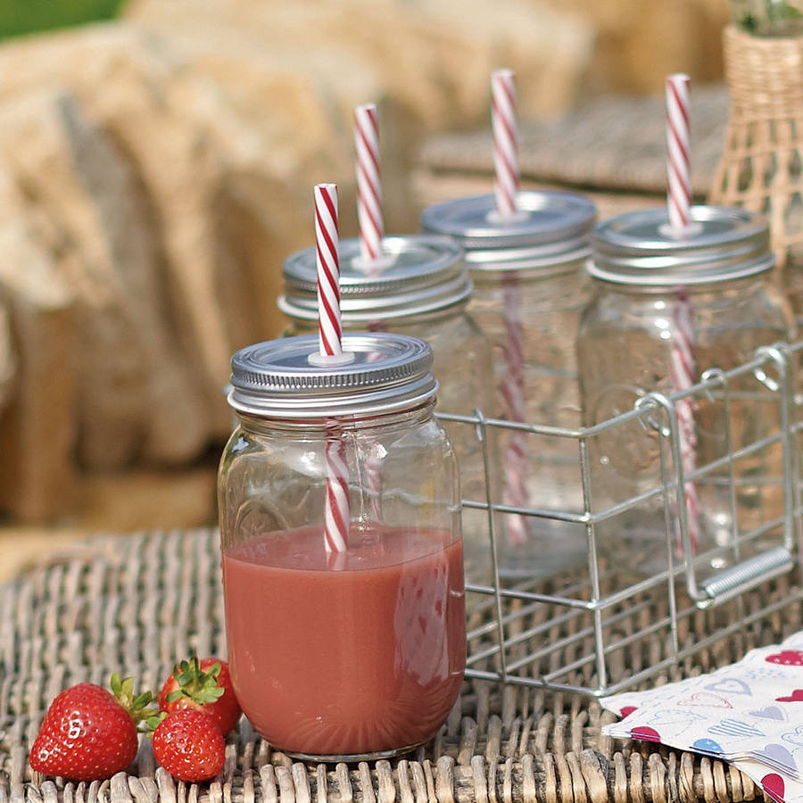 Set Of Four Jam Jar Glasses With Wire Rack By all things Brighton