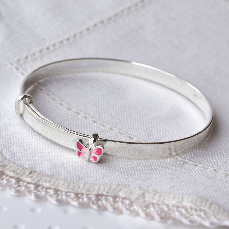 Sterling Silver Butterfly Christening Bangle, 1 of 5