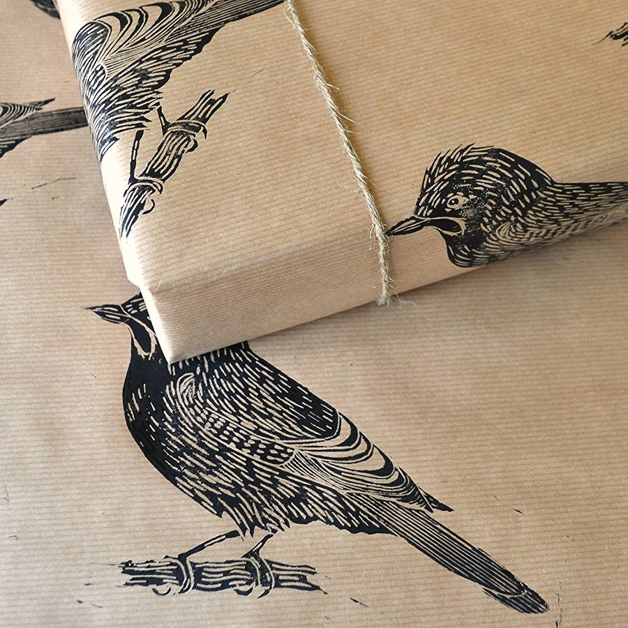 lino printed jay bird wrapping paper by handmade and heritage