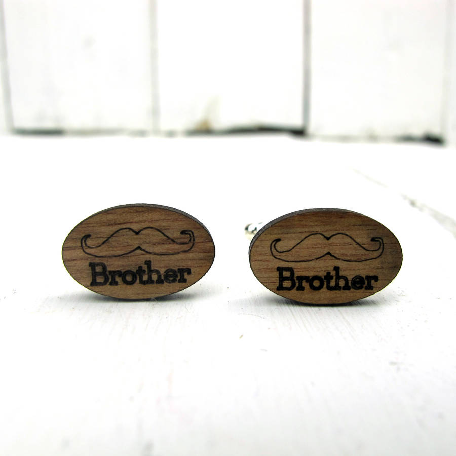 Engraved Wooden Moustache 'Brother' Cufflinks By Chips & Sprinkles
