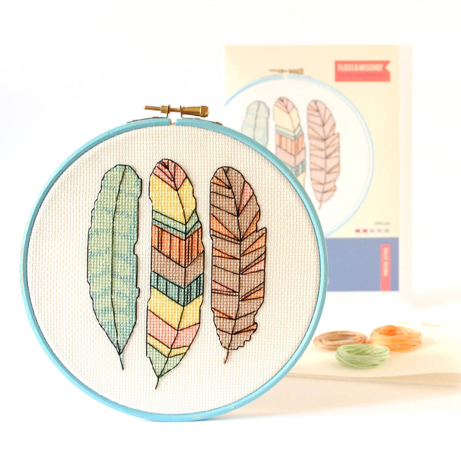 fly feather counted cross stitch kit by floss & mischief