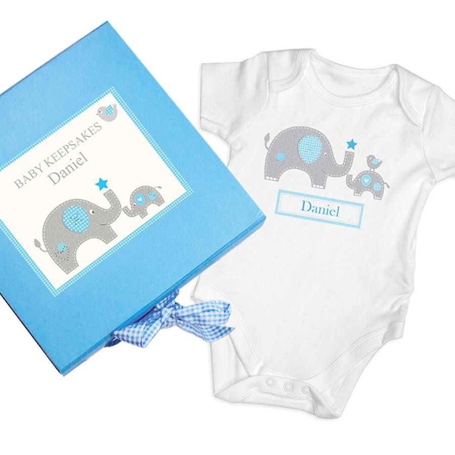 personalised 'elephant' baby boy vest gift set by hope and willow