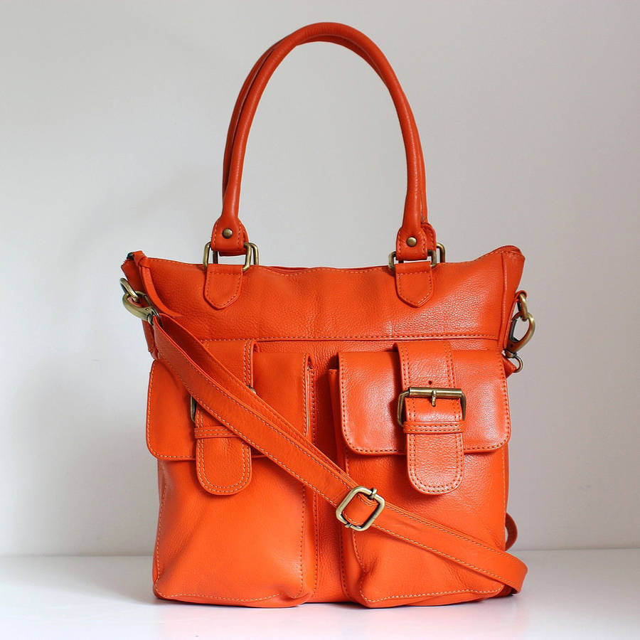 Orange Leather Tote With Pockets By The Leather Store ...