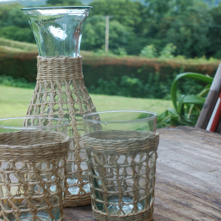 Seagrass Rattan Covered Carafe And Two Glasses By Hunter Gatherer