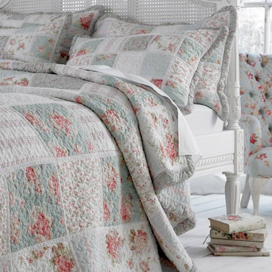 duck egg blue floral patchwork quilt bedspread by marquis & dawe