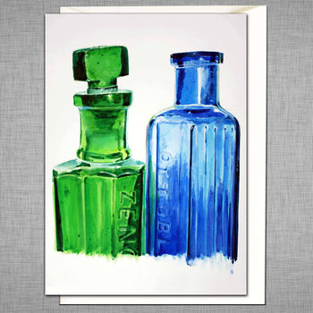 Green And Blue Vintage Bottles Blank Greetings Card, 2 of 3