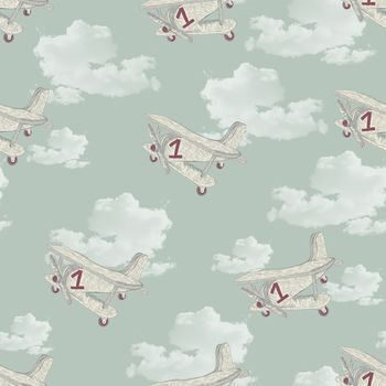 Retro Planes And Clouds Kids Wallpaper, 2 of 3