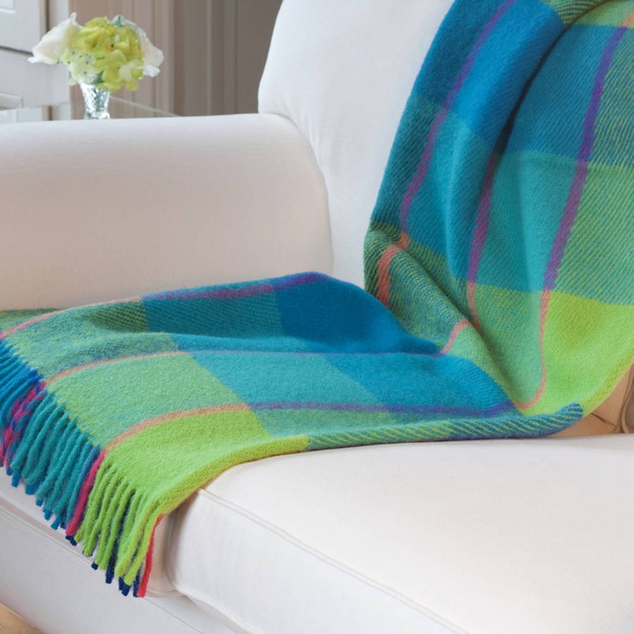 Check Wool Throw In Turquoise And Lime Green By Jodie Byrne