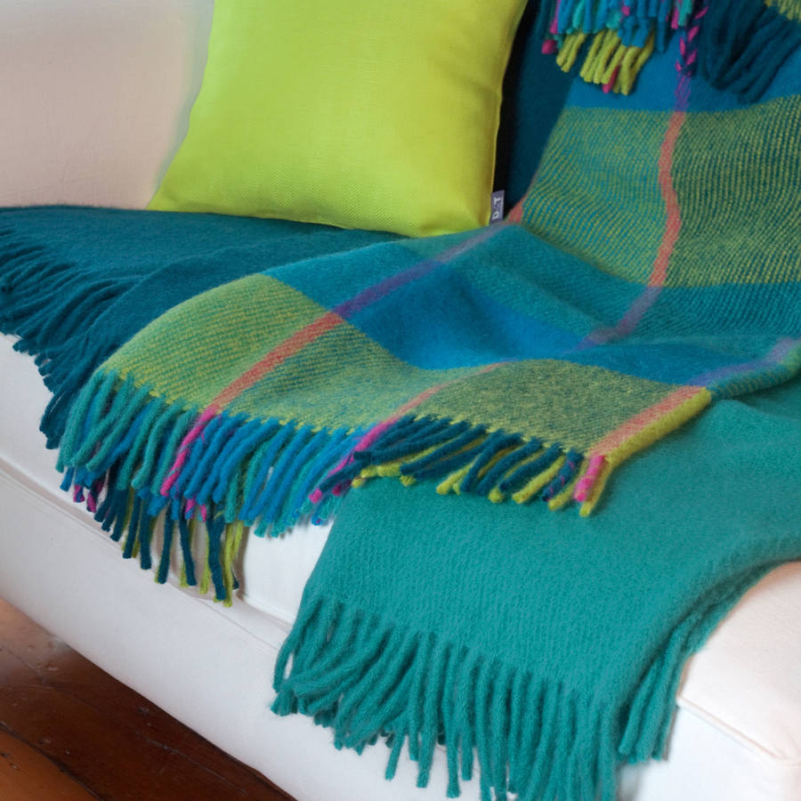 Check Wool Throw In Turquoise And Lime Green By Jodie Byrne