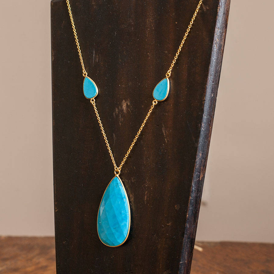 turquoise teardrop pendant and gold chain necklace by rochelle shepherd jewels. gold and silver