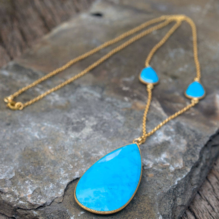 turquoise teardrop pendant and gold chain necklace by rochelle shepherd jewels. gold and silver