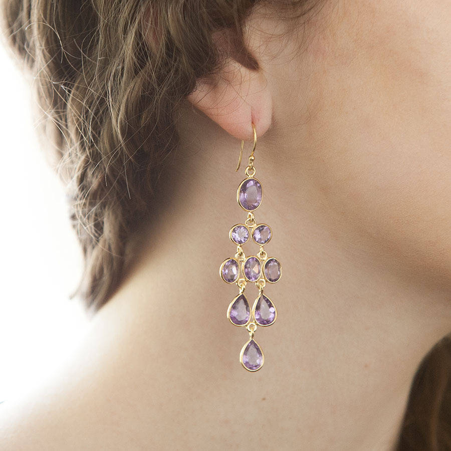 amethyst gold chandelier drop earrings by rochejewels
