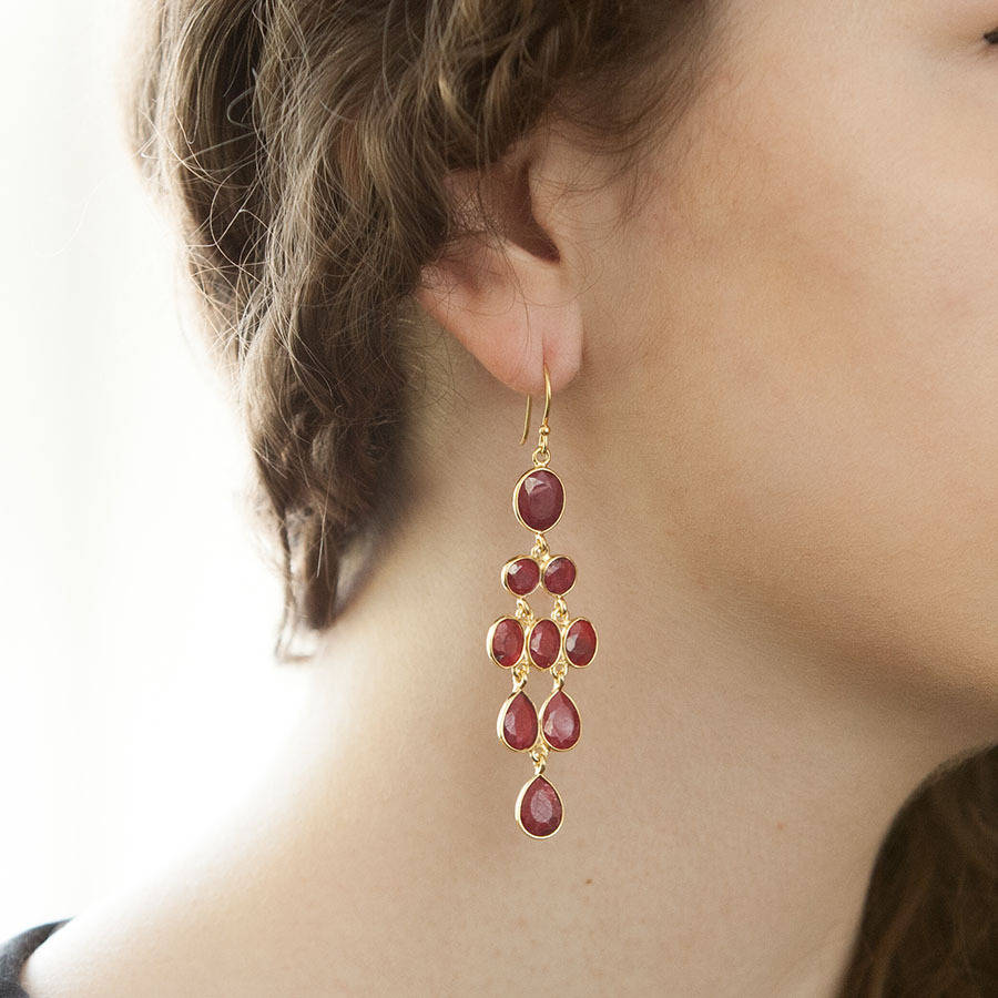 ruby gold chandelier drop earrings by rochelle shepherd jewels. gold
