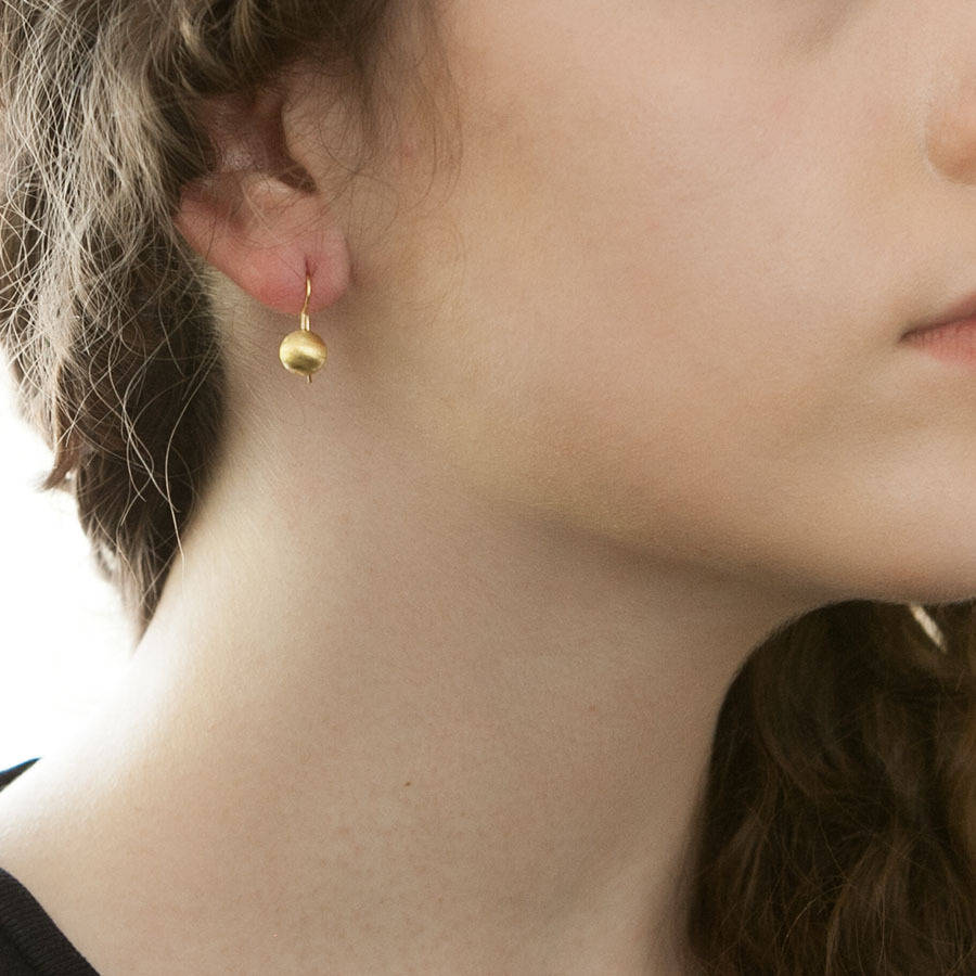 gold ball drop earrings by rochelle shepherd jewels. gold and silver