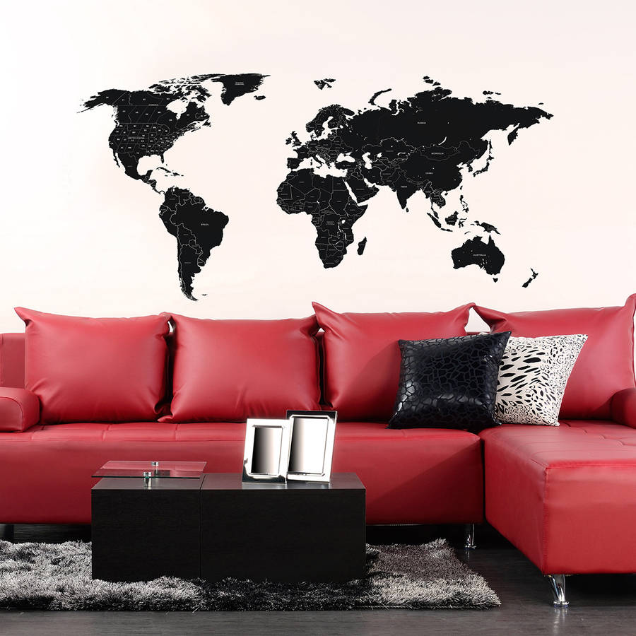 Large Black Labelled World Map Wall Stickers By The Binary Box