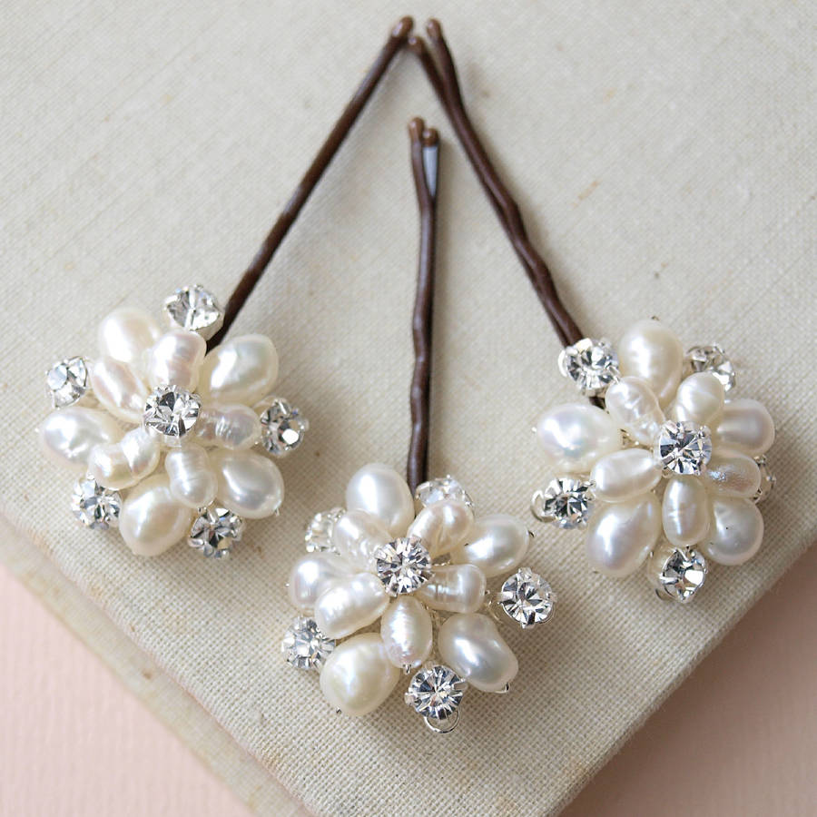 Emily Ivory Pearl And Crystal Hair Pins Set Of Three By Jewellery Made By Me