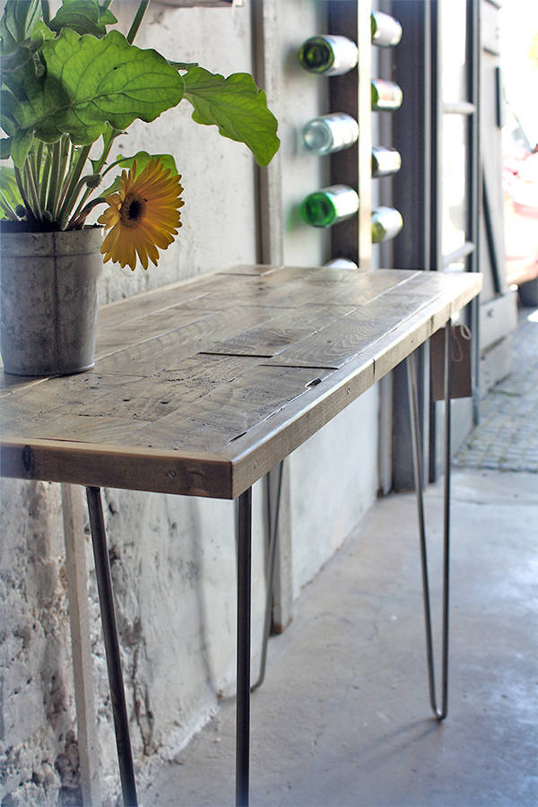 reclaimed wood hairpin leg patchwork console table by revive joinery