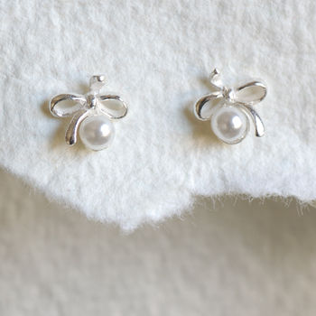 Tiny Sterling Silver Bow Pearl Stud Earrings, 2 of 4