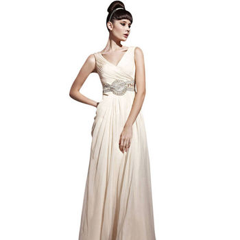 beige chiffon wedding dress with jewelled belt by elliot claire london ...