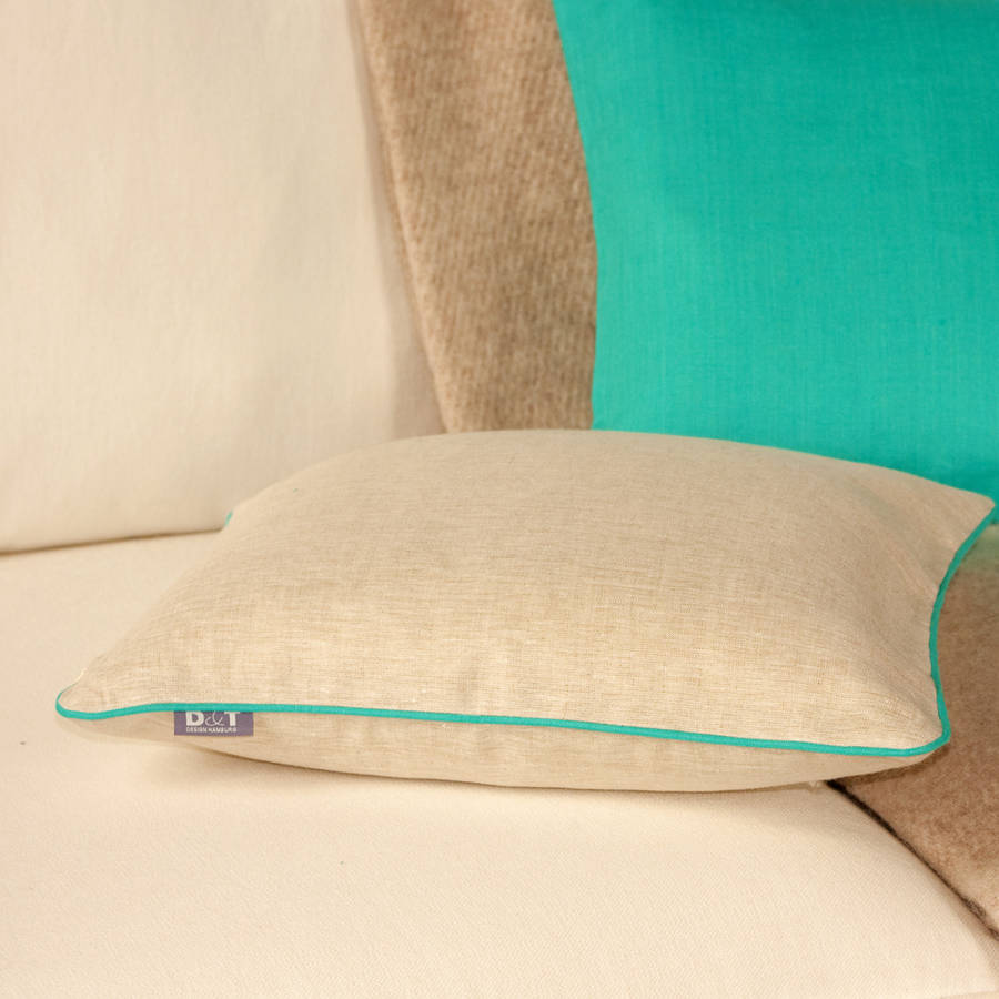 turquoise and oatmeal linen cushion cover by jodie byrne