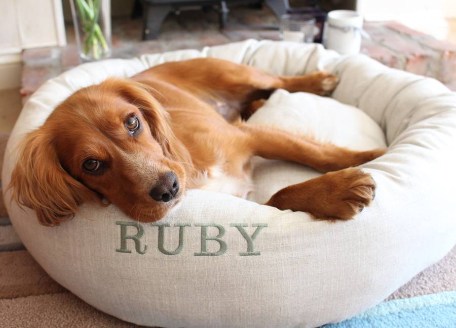 personalised linen donut dog bed by pins and ribbons