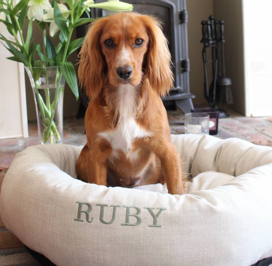 personalised linen donut dog bed by pins and ribbons