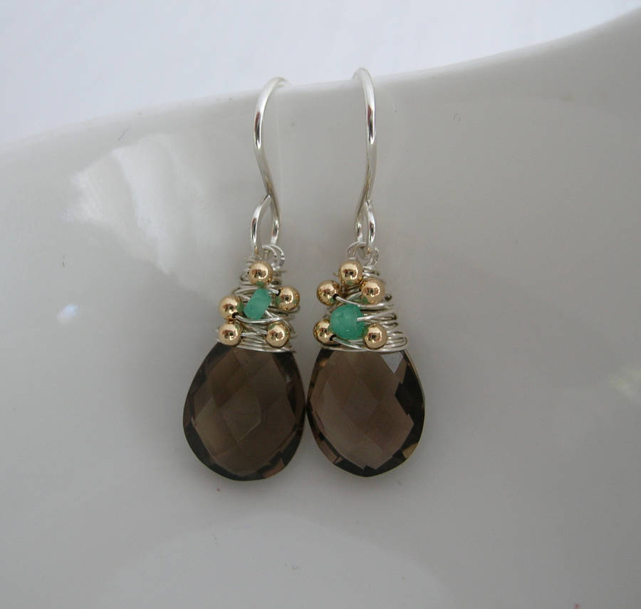 Smoky Quartz And Green Quartz Earrings By Sarah Hickey