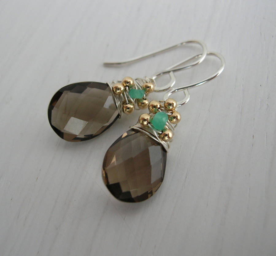 Smoky Quartz And Green Quartz Earrings By Sarah Hickey