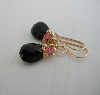 Black Onxy And Pink Quartz Drop Earrings, 3 of 5