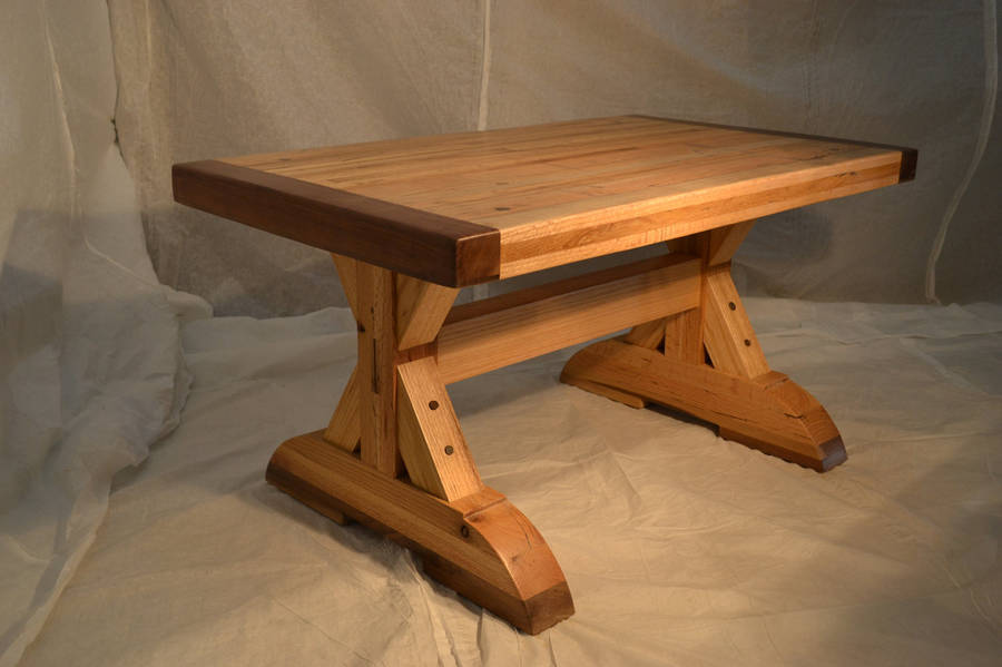 coffee table: reclaimed oak w/ trestle leg design by wicked boxcar