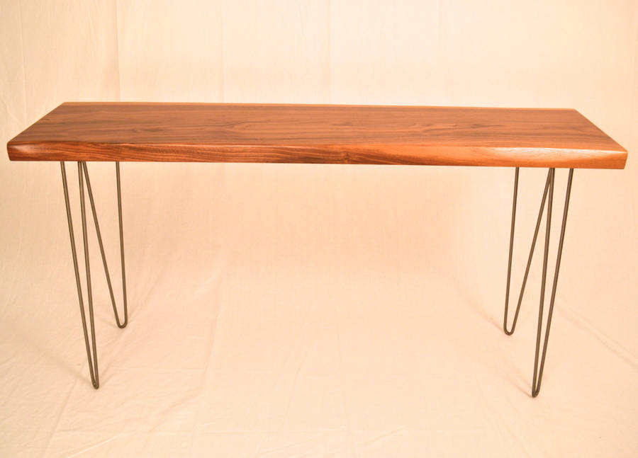 walnut side table on solid steel hairpin legs by wicked boxcar