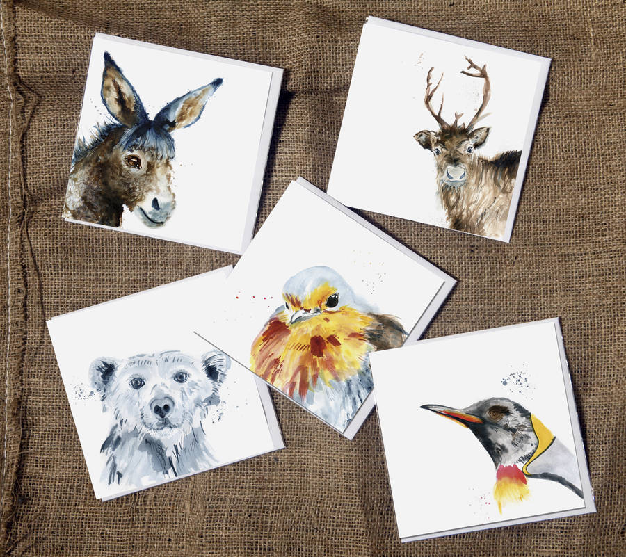 Five Inky Animal Christmassy Blank Greetings Cards By Kate Moby