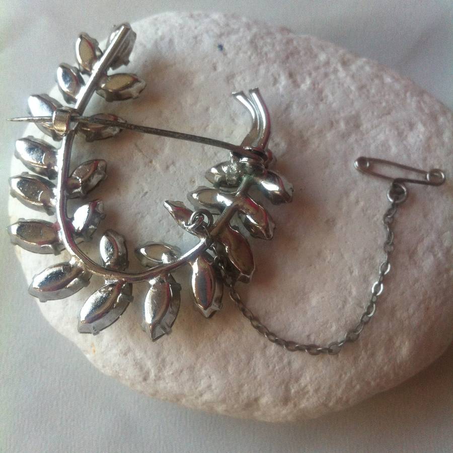 Vintage Safety Chain Diamante Leaf Brooch By Iamia