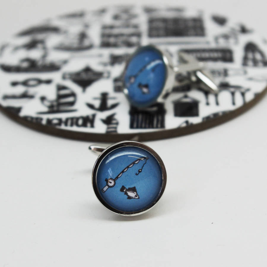 illustrated fishing rod cufflinks by martha mitchell design