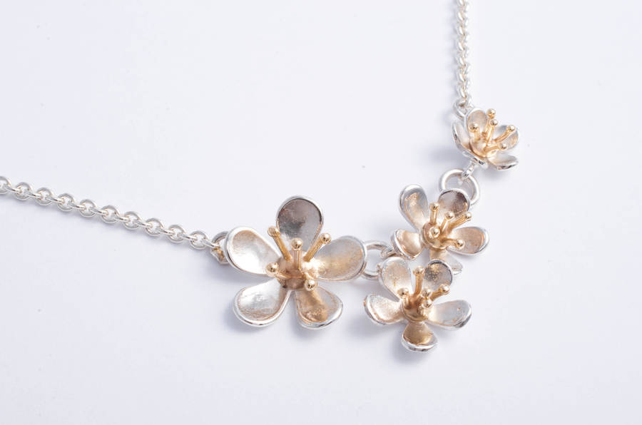 Silver And 9ct Gold Cherry Blossom Pendant Necklace, 1 of 2
