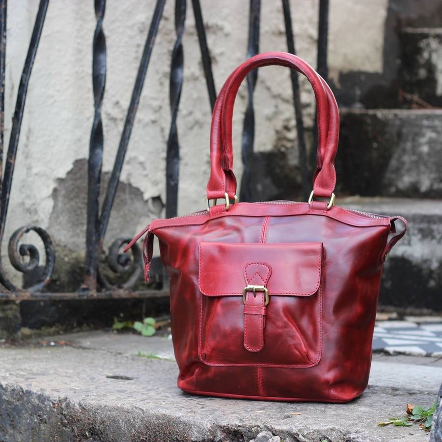 Medium Vintage Red Leather Pocket Tote Bag By The Leather Store ...