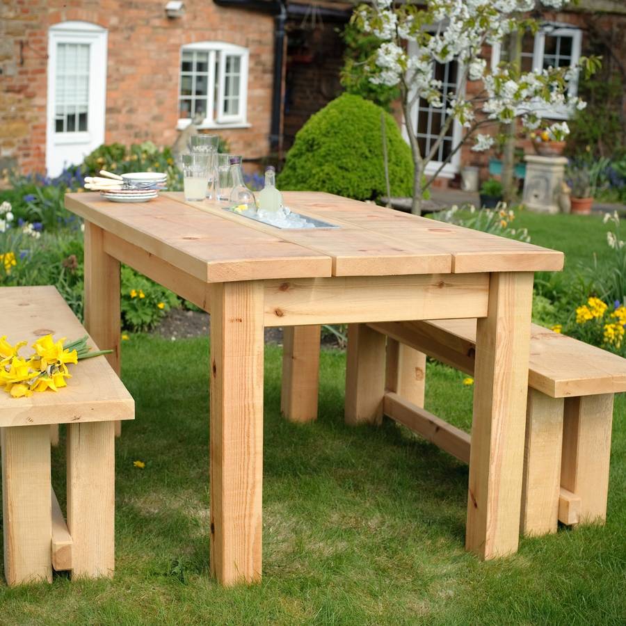 Chunky Wood Planter/Drinks Dining Table And Benches Set, 1 of 5